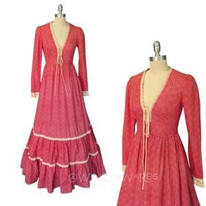 Gunne Sax Red Floral Corset Maxi Dress Size 9 Vintage 70s Prairie Lace Up